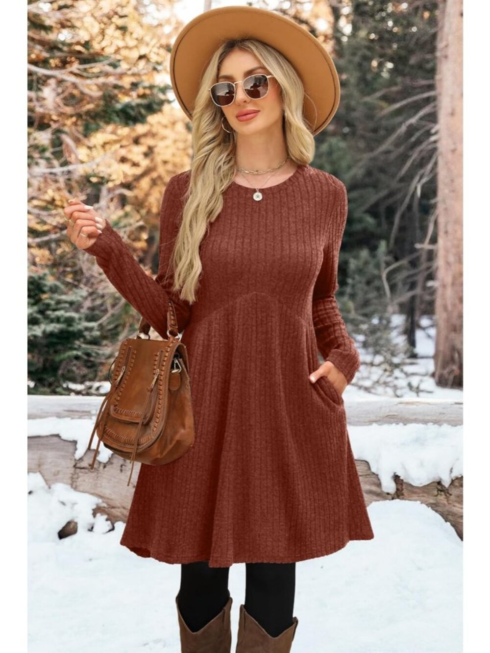 Women's Caramel Long Sleeve Comfort Crew Neck Empire Waist Tunic Mini Dress - Picture 2 of 5